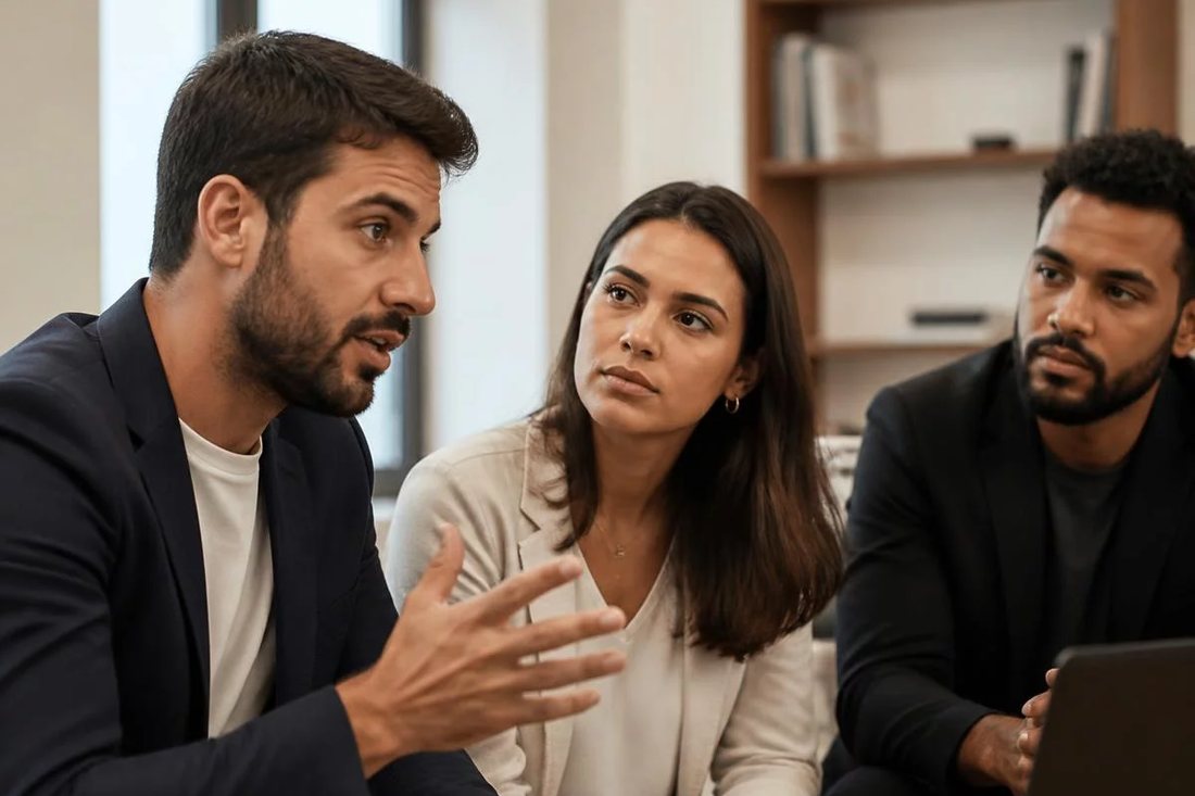 Participante falando de pé enquanto o restante da turma acompanha sentado